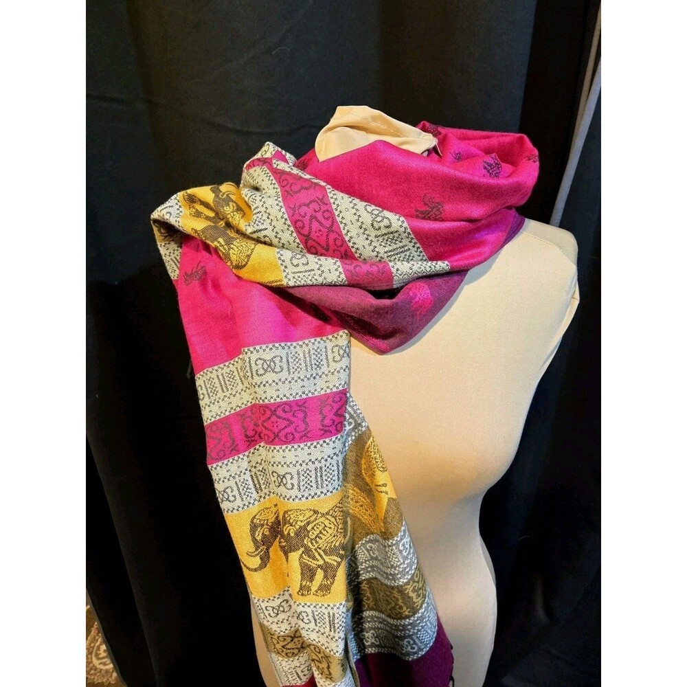 Pashmina Cashmere Shawl Wrap Scarf Pink Gold Black Fringe Elephants